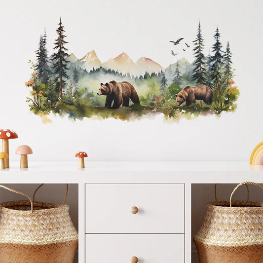 Grizzly Wildlife Forest Landscape Wall Decal - Just Kidding Store