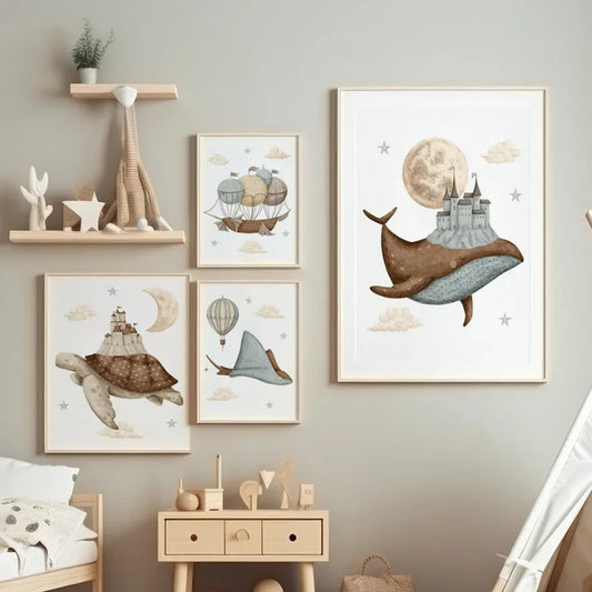 Watercolour Celestial Whales Nursery Canvas Prints - Just Kidding Store