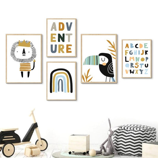 Nursery Children Canvas Wall Art Alphabet Rainbow Lion Toucan Adventure - Just Kidding Store