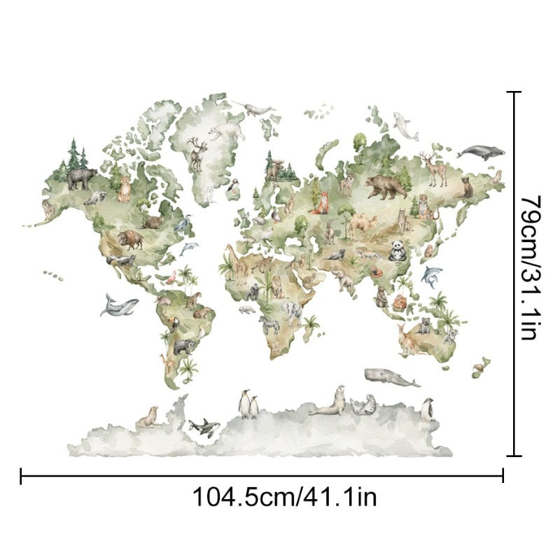 Watercolor Animals Wildlife World Map Wall Stickers - Just Kidding Store