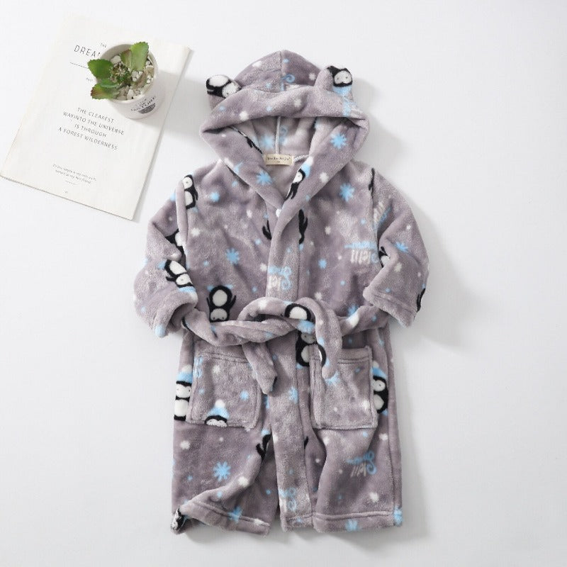 Plush Hooded Bathrobe - Kids Fleece Nightgown - Penguin - Just Kidding Store