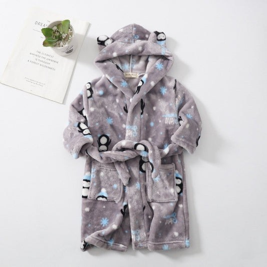 Plush Hooded Bathrobe - Kids Fleece Nightgown - Penguin - Just Kidding Store