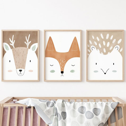 Woodland Nursery Canvas Prints - Deer Fox Rabbit Bear Hedgehog - Just Kidding Store