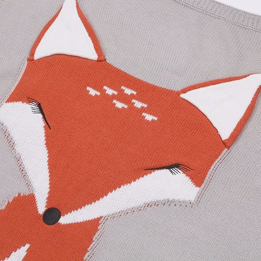 Fox Soft Knitted Fox Baby Kids Blanket - Beige/Gray/Light Gray