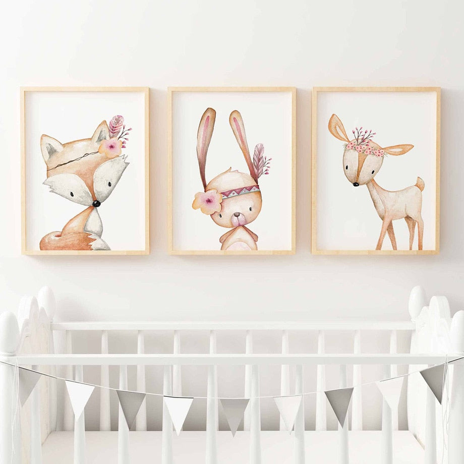Woodland Animals Canvas Paintings Rabbit Fox Deer - Just Kidding Store