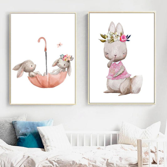 Watercolor Canvas Kids Art Floating Rabbits , Fox - Just Kidding Store