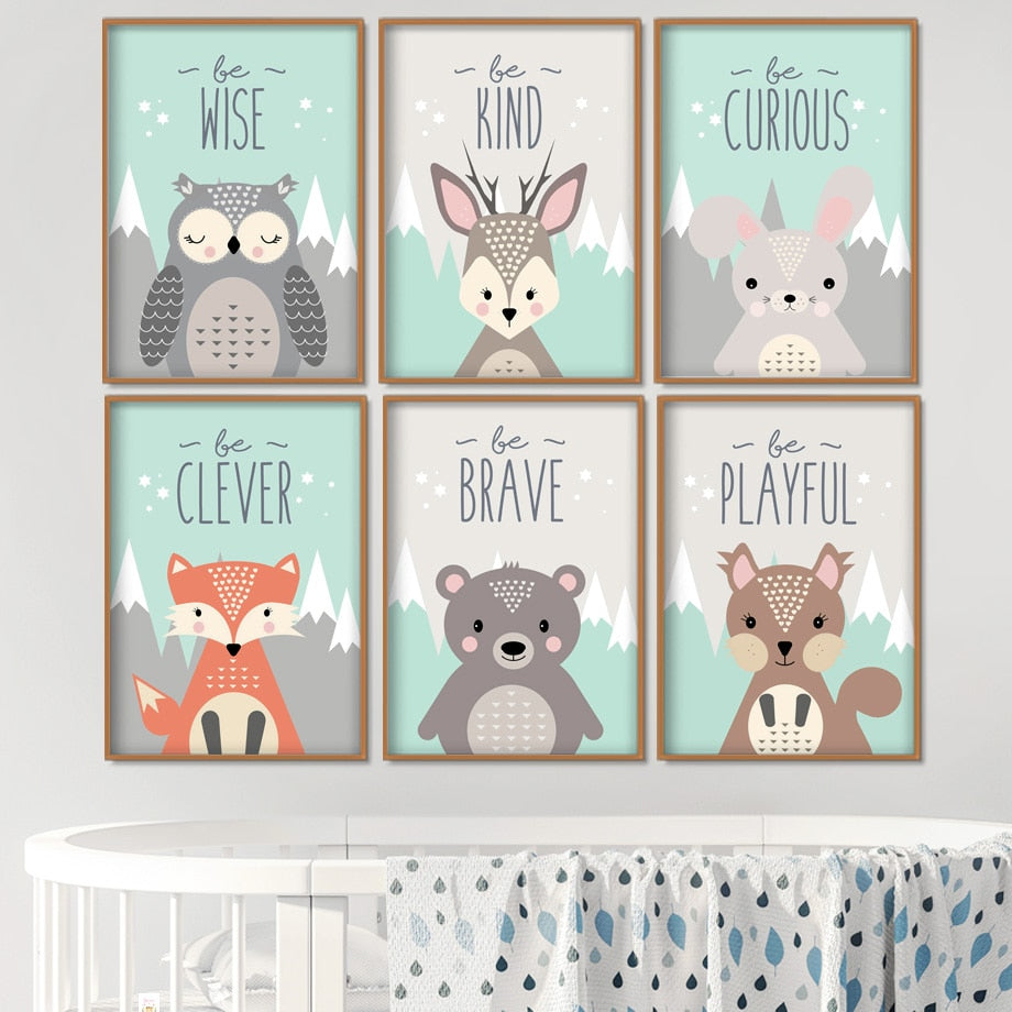 Woodland Animals Wall Art - Rabbit Bear Fox Deer Owl Squirrel - Just Kidding Store