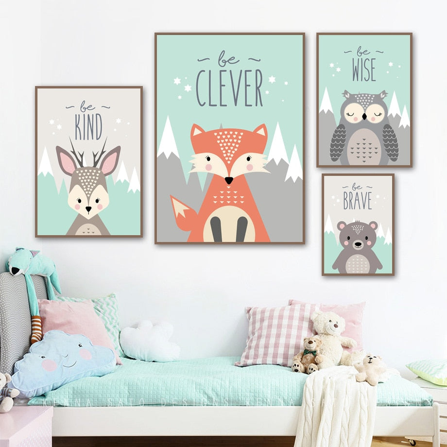 Woodland Animals Wall Art - Rabbit Bear Fox Deer Owl Squirrel - Just Kidding Store