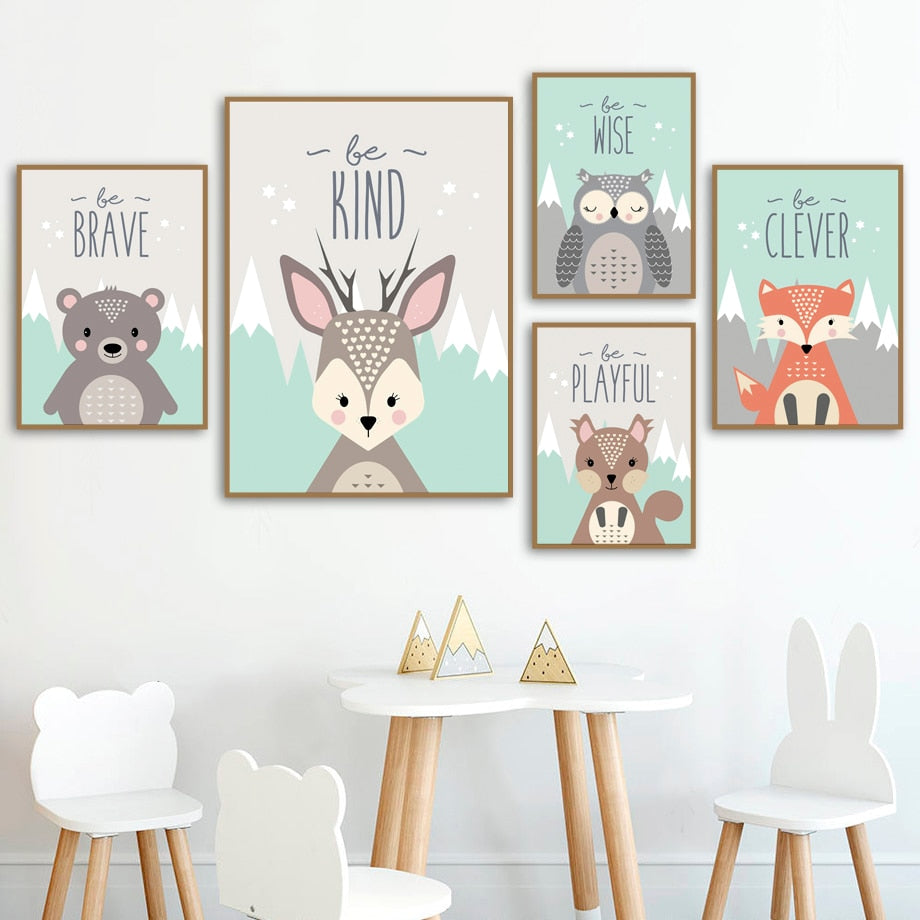Woodland Animals Wall Art - Rabbit Bear Fox Deer Owl Squirrel - Just Kidding Store