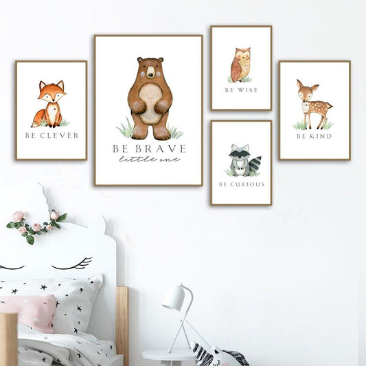 Woodland Animals Wall Art - Bear, Fox, Fawn, Rabbit, Owl, Raccoon - Just Kidding Store
