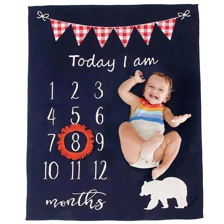 Bear Monthly Milestone Cotton Blanket Navy Red Beige - Just Kidding Store