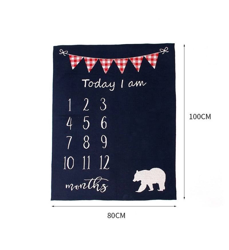 Bear Monthly Milestone Cotton Blanket Navy Red Beige - Just Kidding Store