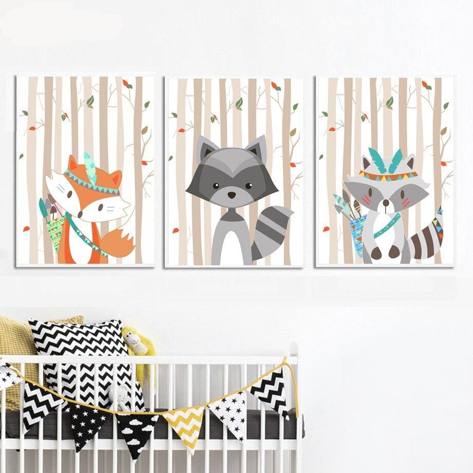 Woodland Animals Canvas Wall Art - Tribal Fox Raccoon - Just Kidding Store