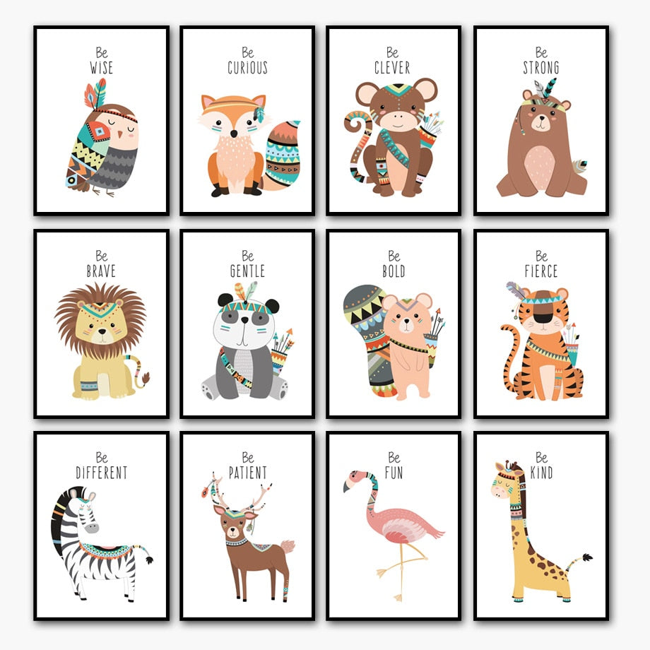Tribal Animals Kids Canvas Wall Art - Deer Fox Bear Zebra Panda Owl Lion Tiger Squirrel - Just Kidding Store