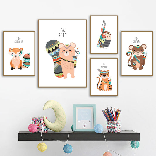Tribal Animals Kids Canvas Wall Art - Deer Fox Bear Zebra Panda Owl Lion Tiger Squirrel - Just Kidding Store