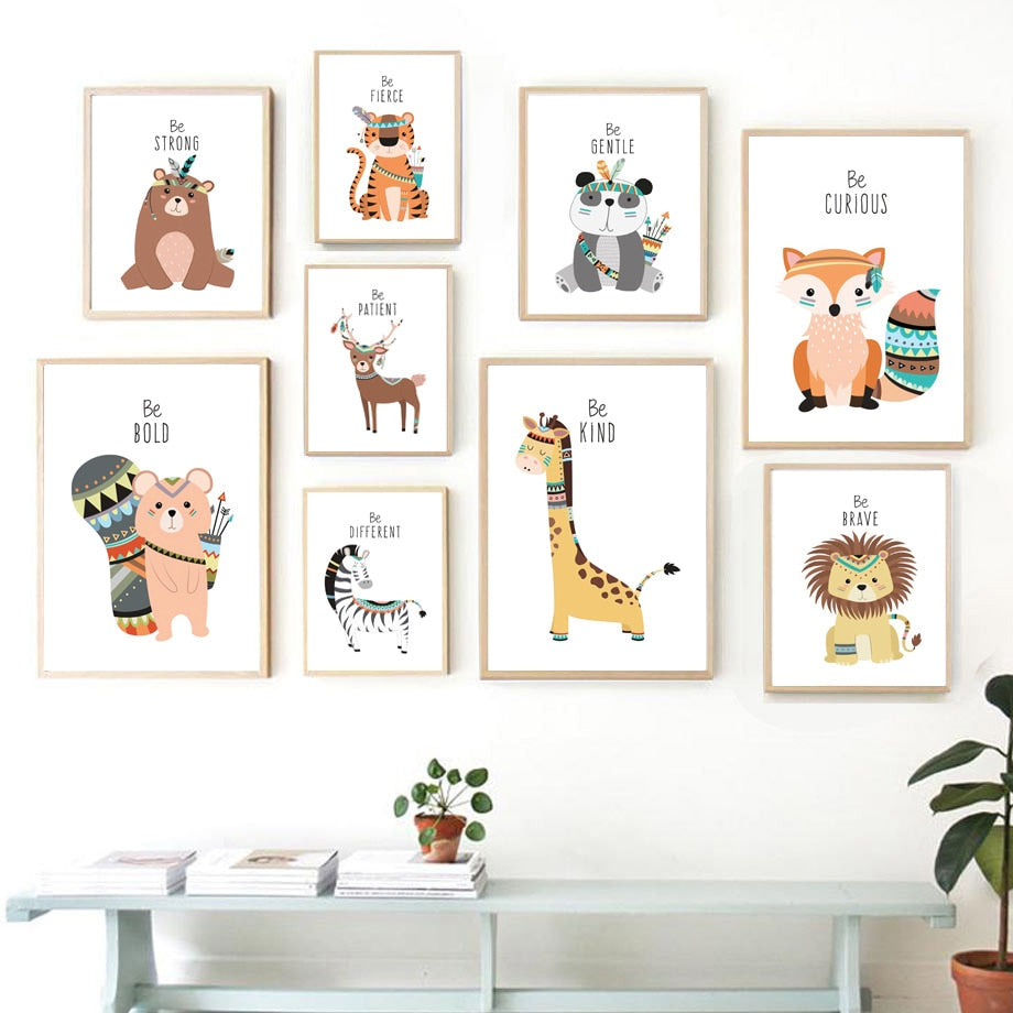 Tribal Animals Kids Canvas Wall Art - Deer Fox Bear Zebra Panda Owl Lion Tiger Squirrel - Just Kidding Store