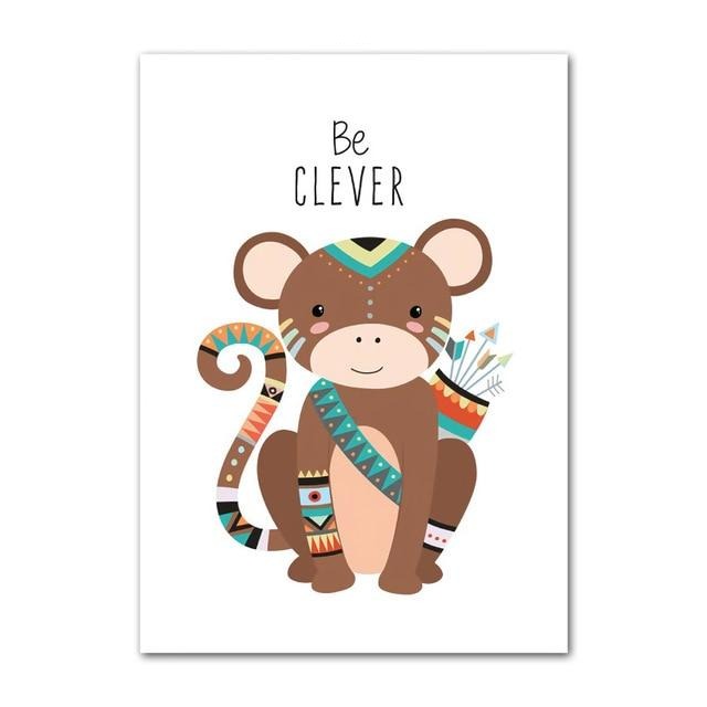 Tribal Animals Kids Canvas Wall Art - Deer Fox Bear Zebra Panda Owl Lion Tiger Squirrel - Just Kidding Store