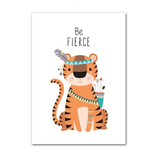 Tribal Animals Kids Canvas Wall Art - Deer Fox Bear Zebra Panda Owl Lion Tiger Squirrel - Just Kidding Store