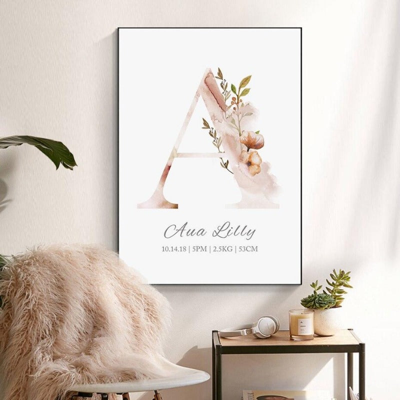 Name Birth Stats Canvas Posters Initial Name Wall Art - Just Kidding Store