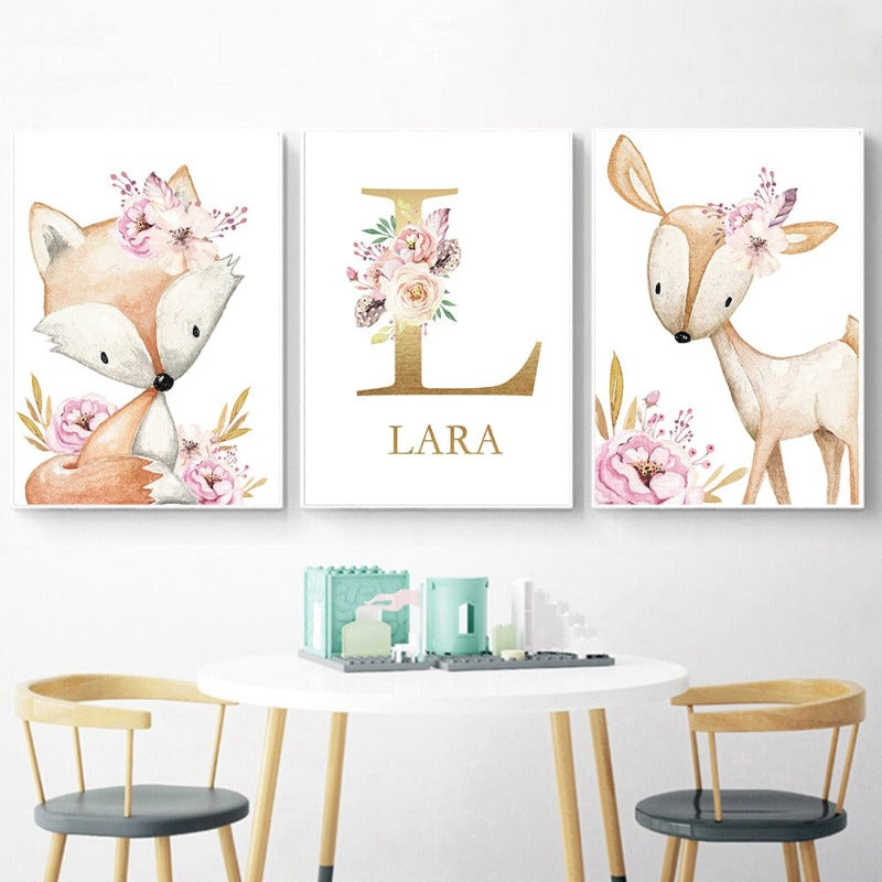 Woodland Animals Canvas Art Nursery Custom Name Wall Posters - Just Kidding Store