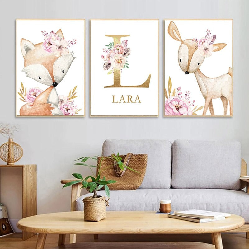 Woodland Animals Canvas Art Nursery Custom Name Wall Posters - Just Kidding Store