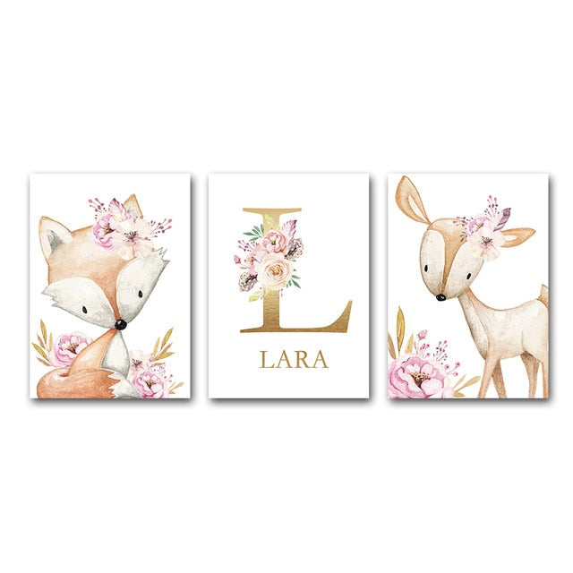 Woodland Animals Canvas Art Nursery Custom Name Wall Posters - Just Kidding Store