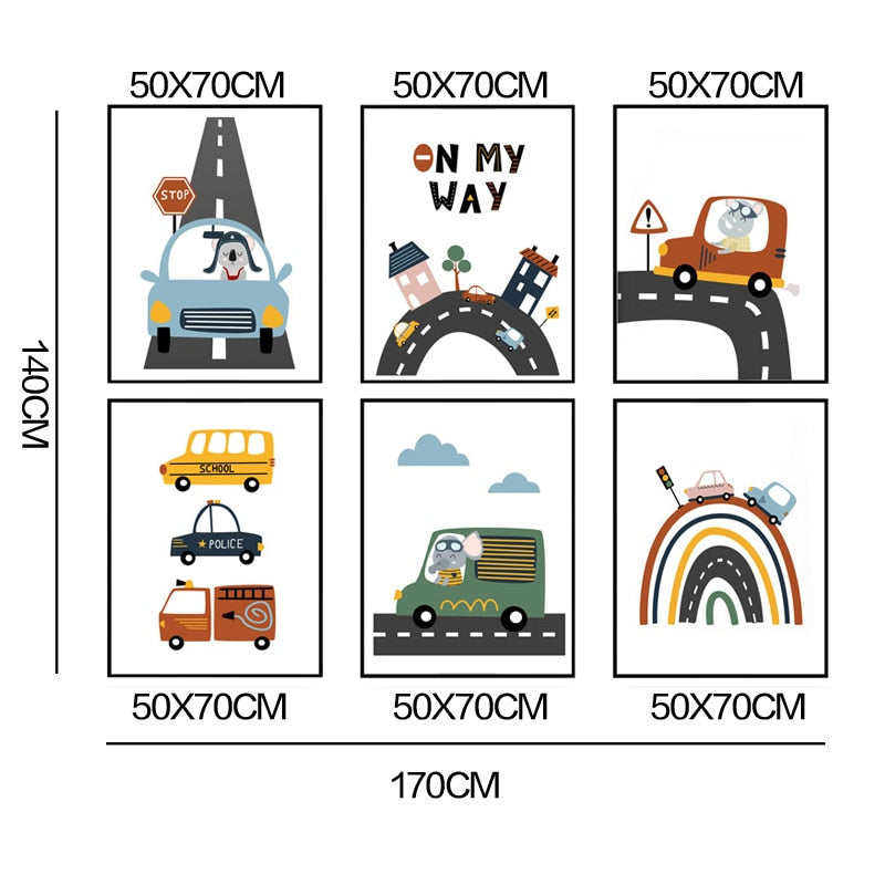 Cars And Truck Road Nursery Bedroom Canvas Wall Art - Just Kidding Store