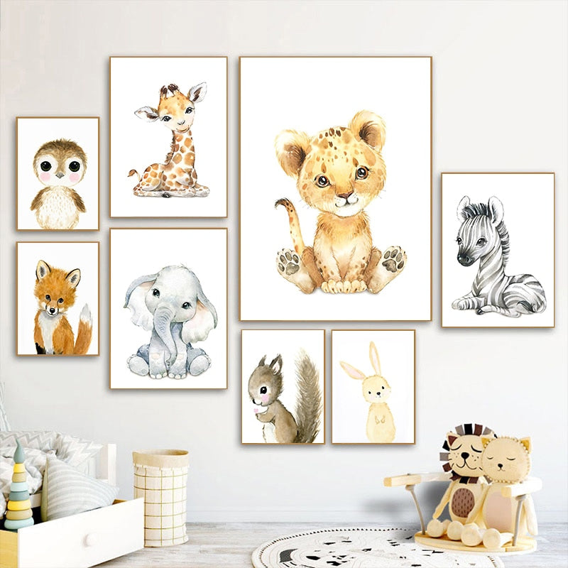 Watercolor Safari Animals Canvas Prints Nursery Posters -Just Kidding Store