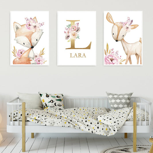 Woodland Animals Canvas Art Nursery Custom Name Wall Posters - Just Kidding Store