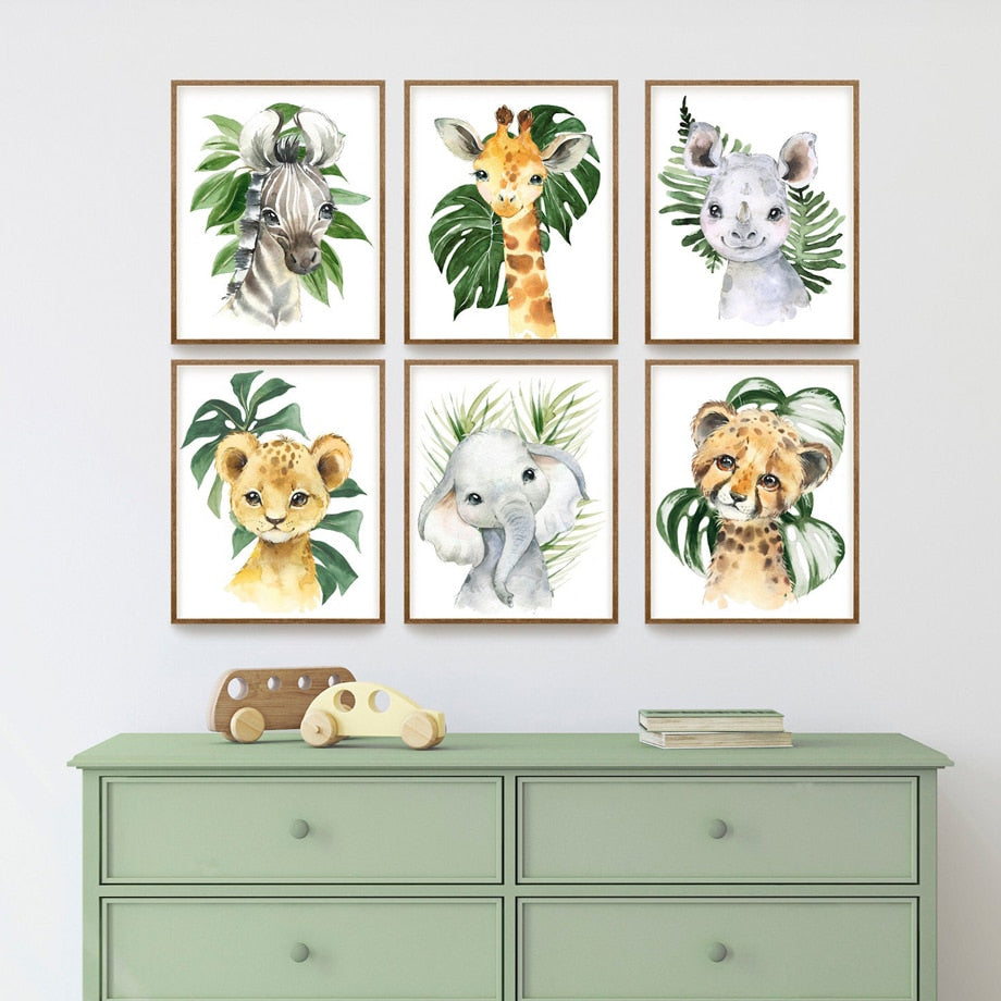 Watercolor Safari Animals Canvas Wall Art - Nursery Posters - Just Kidding Store
