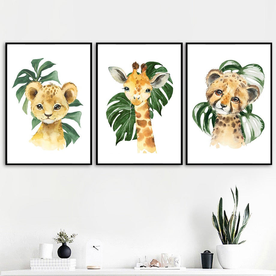 Watercolor Safari Animals Canvas Wall Art - Nursery Posters - Just Kidding Store