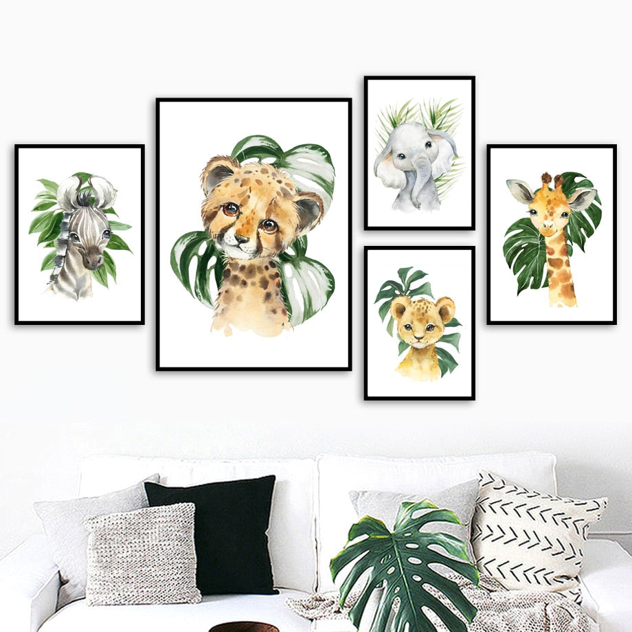 Watercolor Safari Animals Canvas Wall Art - Nursery Posters - Just Kidding Store