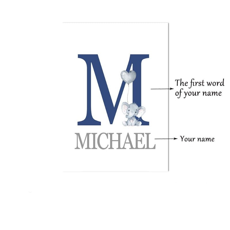 Blue Moon Elephant Balloon Canvas Art - Custom Name Wall Posters - Just Kidding Store