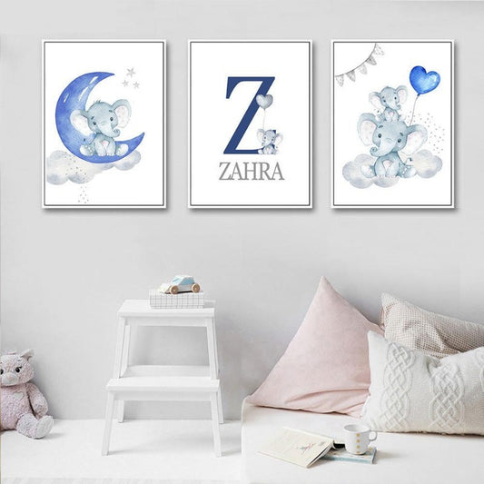 Blue Moon Elephant Balloon Canvas Art - Custom Name Wall Posters - Just Kidding Store