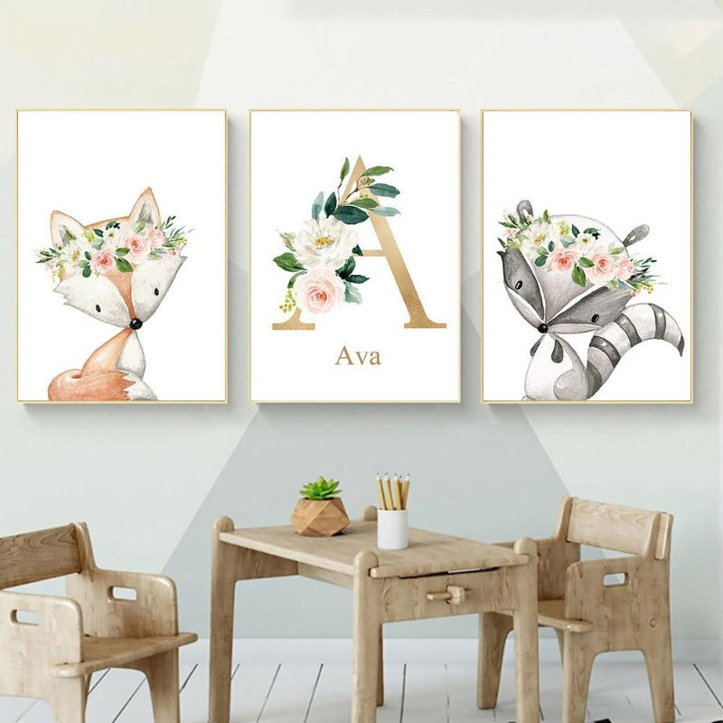 Woodland Animals Canvas Wall Art - Custom Name Posters - Just Kidding Store