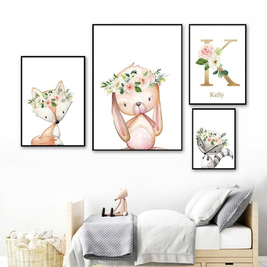 Woodland Animals Canvas Wall Art - Custom Name Posters - Just Kidding Store