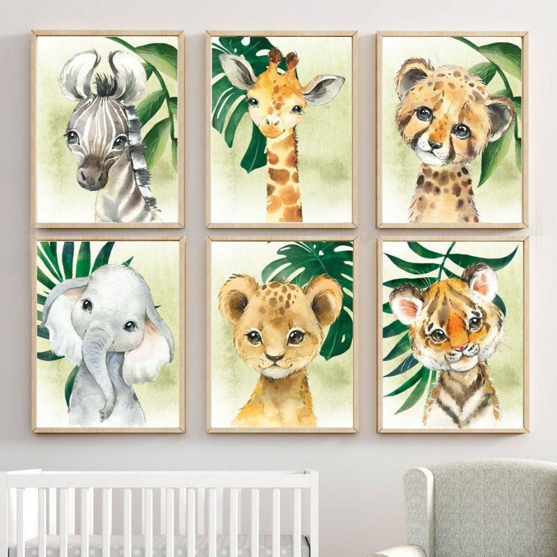 Watercolor Safari Animals Canvas Wall Art Tropical Jungle Animals Posters - Just Kidding Store