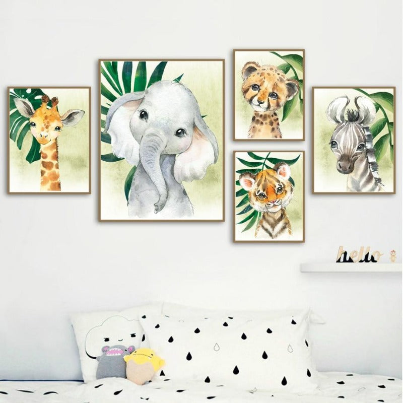 Watercolor Safari Animals Canvas Wall Art Tropical Jungle Animals Posters - Just Kidding Store