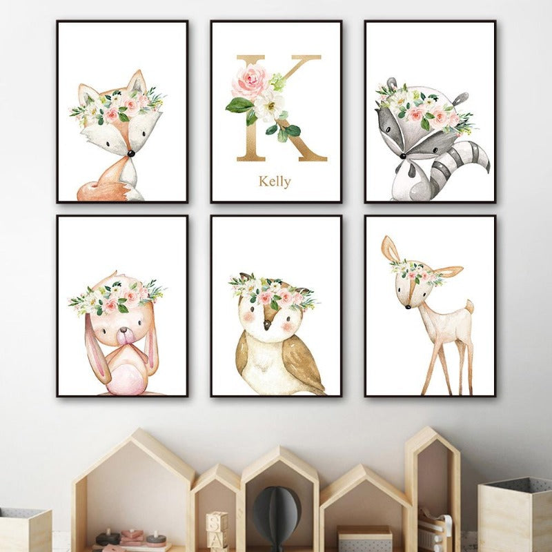 Woodland Animals Canvas Wall Art - Custom Name Posters - Just Kidding Store