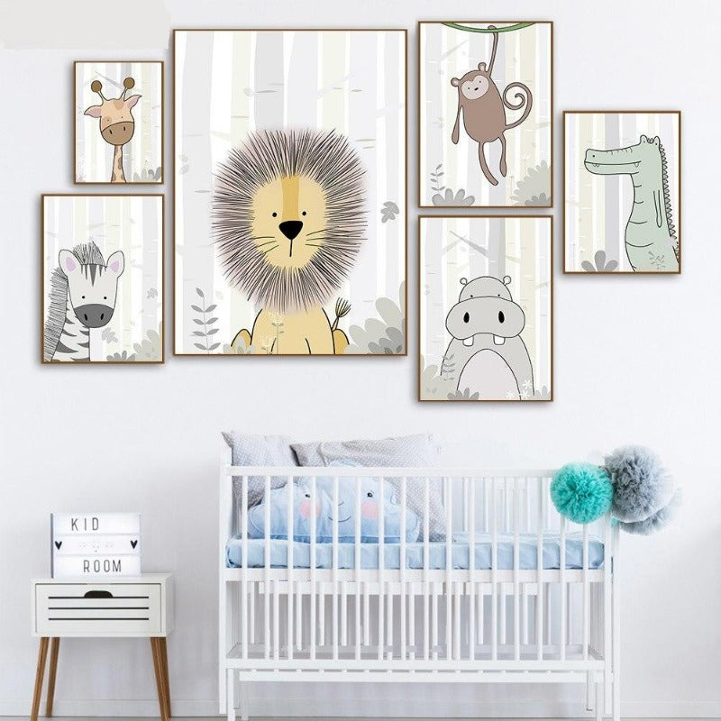 Nursery Canvas Wall Art - Zebra, Hippo, Giraffe, Lion, Crocodile, Monkey - Just Kidding Store