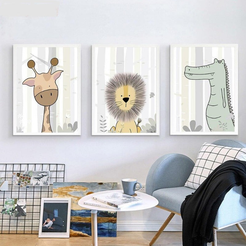 Nursery Canvas Wall Art - Zebra, Hippo, Giraffe, Lion, Crocodile, Monkey - Just Kidding Store