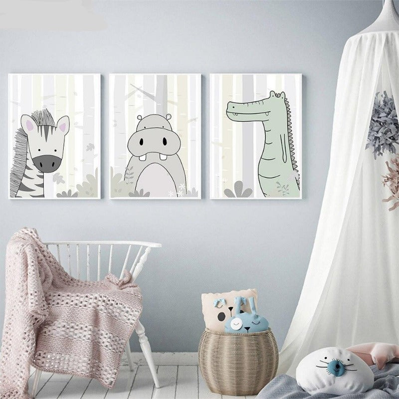 Nursery Canvas Wall Art - Zebra, Hippo, Giraffe, Lion, Crocodile, Monkey - Just Kidding Store