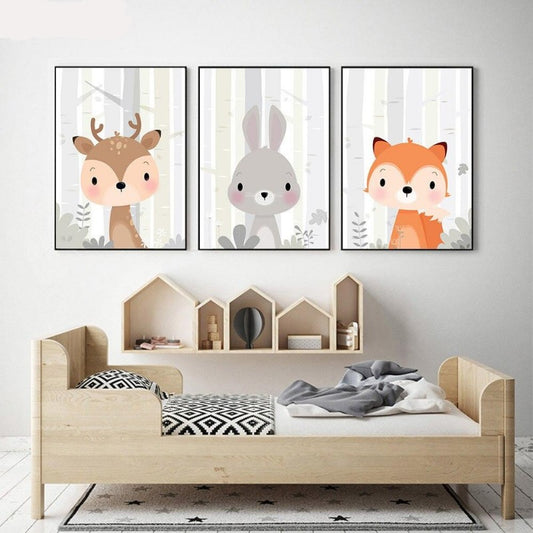 Woodland Animals Canvas Art - Raccoon Bear Fox Squirrel Deer Rabbit - Just Kidding Store