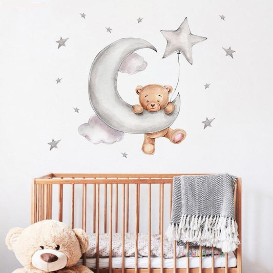 Teddy Bear Moon Stars Wall Decal Nursery Stickers - Just Kidding Store