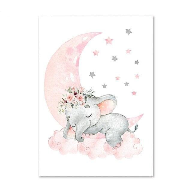 Pink Moon Elephant Balloon Canvas Art Custom Name Wall Posters - Just Kidding Store