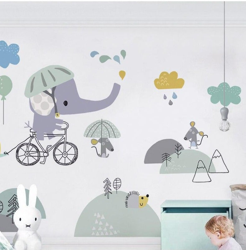 Baby Elephant Riding Bicycle Nursery Wall Decal - Just Kidding Store