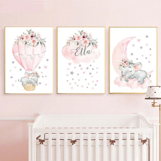 Pink Moon Elephant Balloon Canvas Art Custom Name Wall Posters - Just Kidding Store