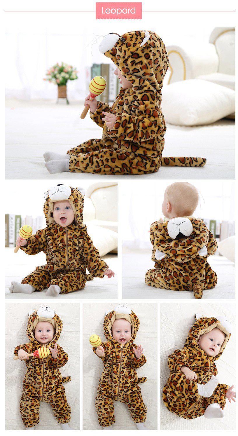 Hooded Flannel Romper Jumpsuit- Leopard
