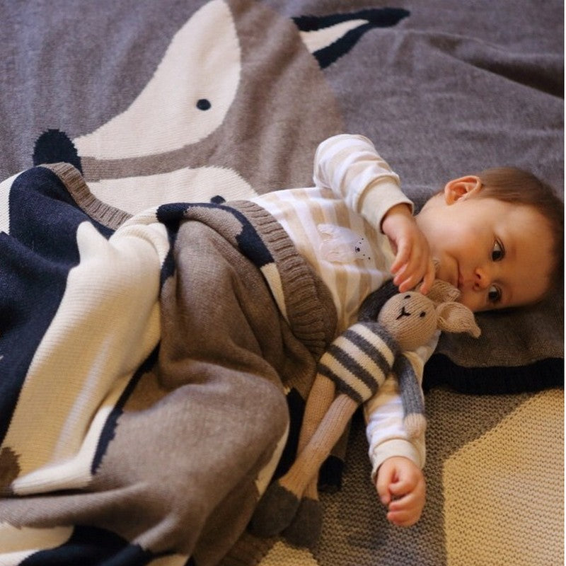 Kids Cotton Knitted Blanket - Reversible Throw Blanket - Fox