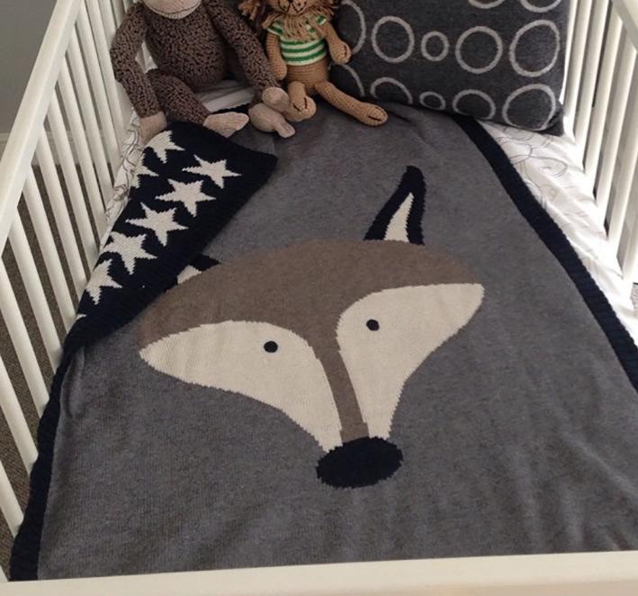 Kids Cotton Knitted Blanket - Reversible Throw Blanket - Fox